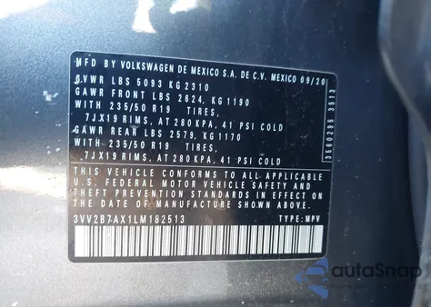 2020 Volkswagen Tiguan 2.0T Se/2.0T Se R-Line Black/2.0T Sel из США, поврежденный, VIN 3VV2B7AX1LM182513